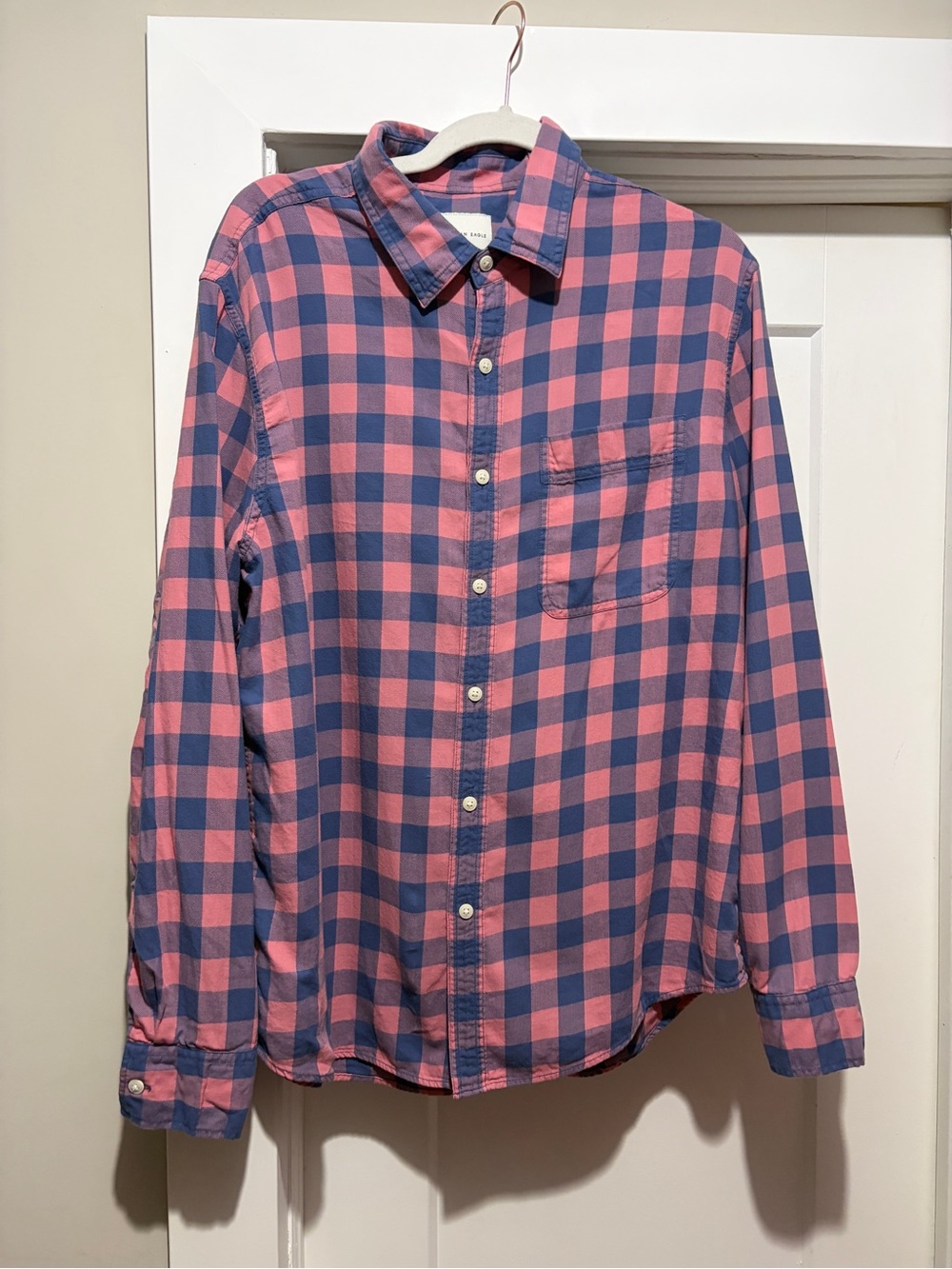 American Eagle Outfitters Pink and Navy Check Casual Button-Down Shirt